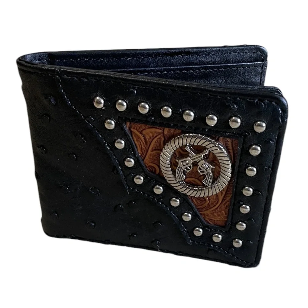 Men’s‎ poncho faux leather black tan bi-fold wallet with ostrich skin pattern